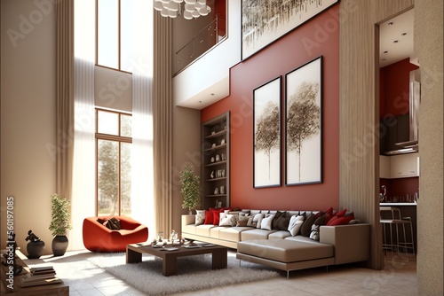 A modern living room  in a minimalist millenium crib  high ceiling and filled with warm red and khaki colour as the wall blend in with the design of the furniture. 