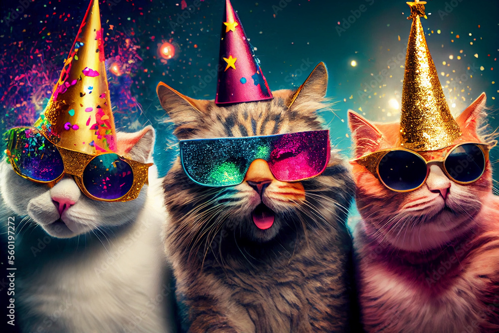 3 fröhliche Katzen mit Partyhüten und bunten Brillen. Generative Ai. - obrazy, fototapety, plakaty 