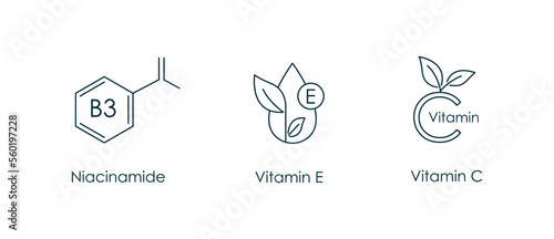 niacinamide, vitamin e, vitamin c icon vector illustration 