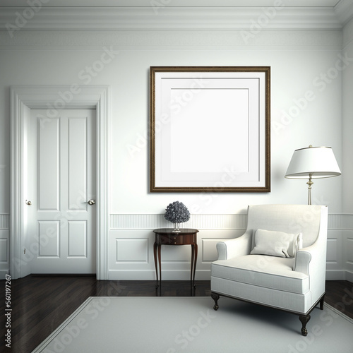 blank white frame in modern living room with white sofa
