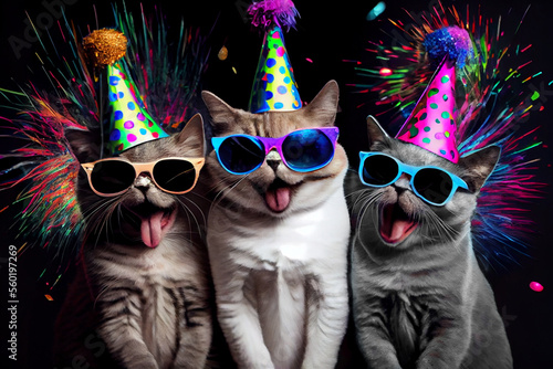 3 fröhliche Katzen mit Partyhüten und bunten Brillen. Generative Ai.