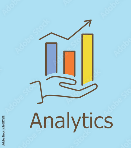 Analytics line icon. Hand holds growing graph, marketing research, infographics and work with statistics. Metaphor for building brand for company or organization. Cartoon flat vector illustration