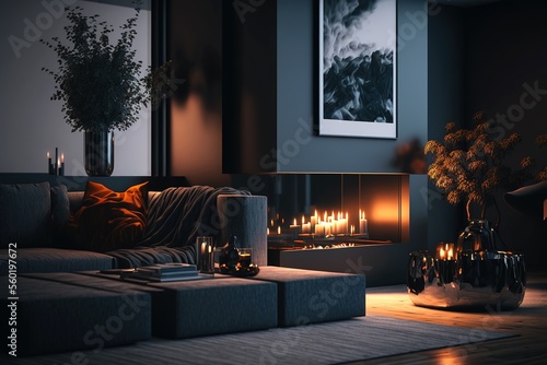 Vászonkép A luxury living room interior with a fireplace, generative ai