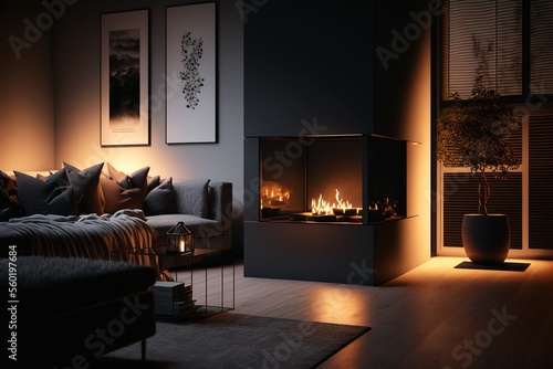A dark contemporary luxury house interior, living room with a cozy fireplace, generative ai