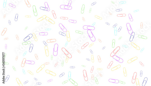 Paper clips are scattered on a white background. Decorative element. Background for design  school and office supplies