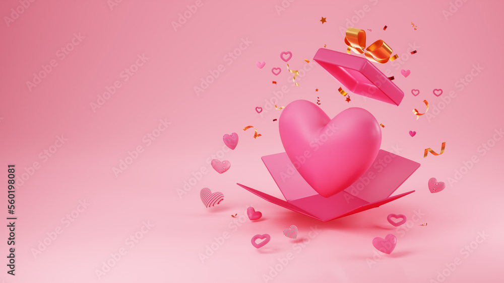 Pink heart popping out of an open present box with confetti and heart shape balloons around. Love, Wedding, Happy valentine's, Mother's Day and birthday concept. Party, Shopping. 3D render.