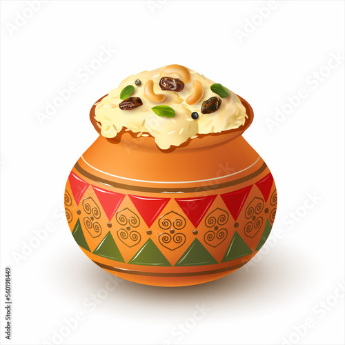 Clay pot (kalash) with traditional dish Ven Pongal isolated on white. Food for Indian harvest festival Pongal (Makar Sankranti, Lohri). Vector illustration.