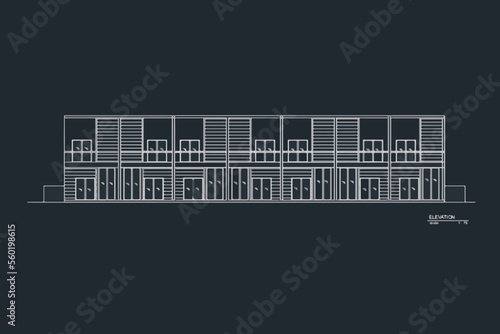 Detailed townhouse elevation, floor plans, apartments layout. Elevation blueprint for architectural vector