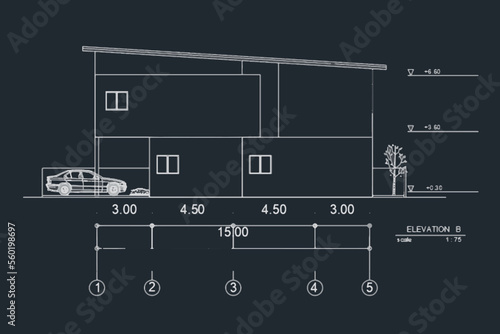 Detailed townhouse elevation, floor plans, apartments layout. Elevation blueprint for architectural vector