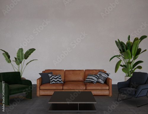 modern living room with leather sofa and furniture, 3d render