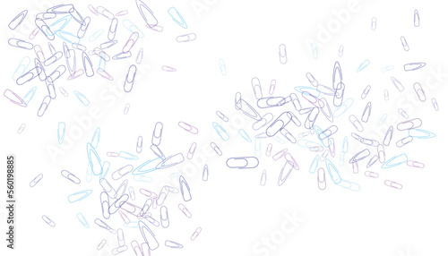 Paper clips are scattered on a white background. Decorative element. Background for design, school and office supplies