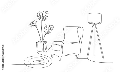 Continuous line interior with armchair, plant, floor lamp and carpet. One line drawing of Living room with modern furniture editable stroke. Single line. Handdraw contour. Flower in pot. Doodle vector