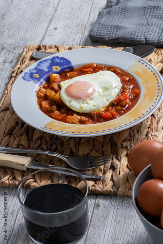 Pisto Manchego (Manchego ratatouille) with fried egg ingredients, red and green peppers, onion, courgette and eggs. Concept typical and traditional food of Spain.