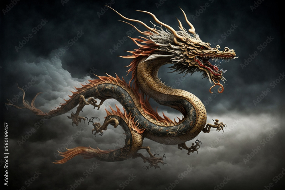 Fototapeta premium Chinese New Year concept with Flying Dragon against dramatic sky.