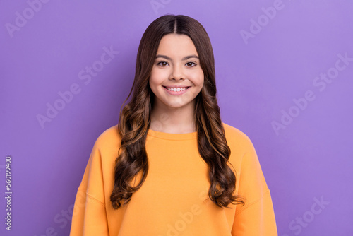 Wallpaper Mural Photo of cheerful lovely lady wear winter comfort clothes toothy smile good mood isolated on purple color background Torontodigital.ca
