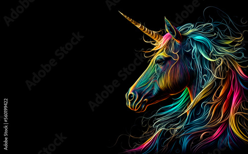 Unicorn head made from rainbows on black background with copy space. Rainbow unicord for cards and banner design, Generative AI. Magic creature background.