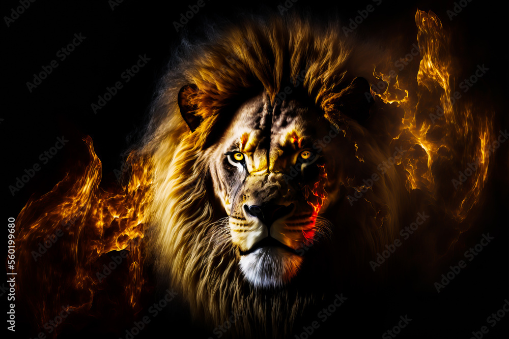 Lion portrait with fire on background close up. Male lion looking into the cameta surrounded by fire on black background. Generative AI male lion portrait for postcard or backgrounds. King of cats.