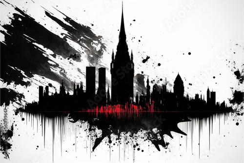 London skyline - black and white watercolor, digital art
