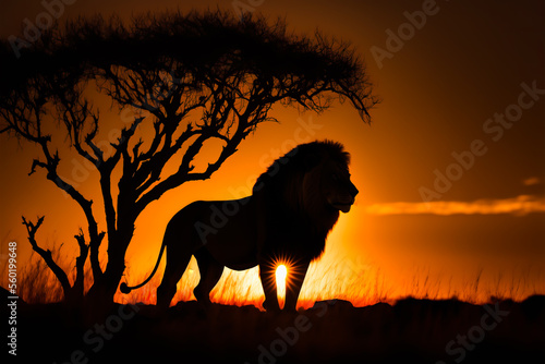 Silhouette of lion in savannah at sunset. Wild lion at sunset, travel or zoo design element or banner background. Generative AI wild big cat hunt at dawn in savannah.
