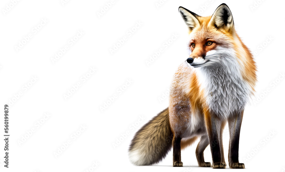 Fototapeta premium Red fox or Vulpes vulpes on white background. Red fox with fluffy fur on a white background, perfect for hunting, zoo or animal backgrounds and banners. Generative AI fox portrait on white background.
