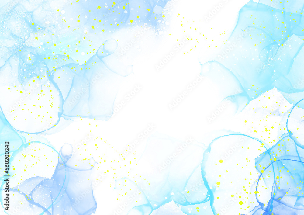 Obraz premium アルコールインク テクスチャ背景 水彩 アート 水面風 エメラルドブルー 長方形バージョン