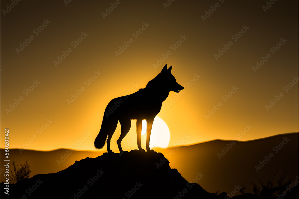 Silhouette of wolf or canis lupus stand on a rock at sunset. Wild wolf at sunset, travel or zoo design element or banner background. Generative AI wolf hunt at dawn. Silhouette of wolf or canis lupus stand on a rock at sunset. Wild wolf at sunset, travel or zoo design element or banner background. Generative AI wolf hunt at dawn.