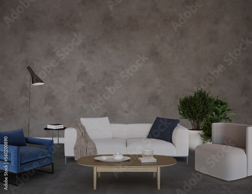 Living interior with sofa and furniture, 3d render