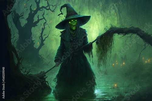 Halloween swamp witch ghost terror. Generative AI