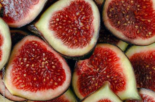 Macro photograph of cut ripe figs.