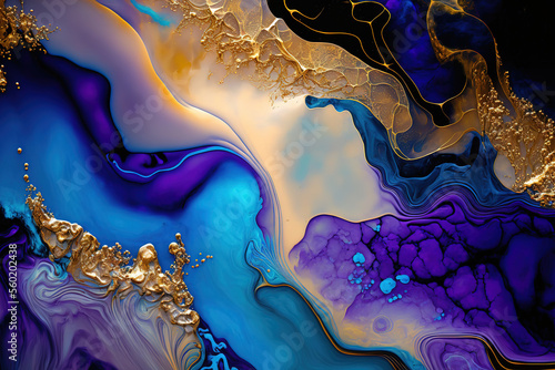Blue and purple marble and gold abstract background texture. Indigo ocean blue marbling with natural luxury style swirls of marble and gold powder. (ai generated)