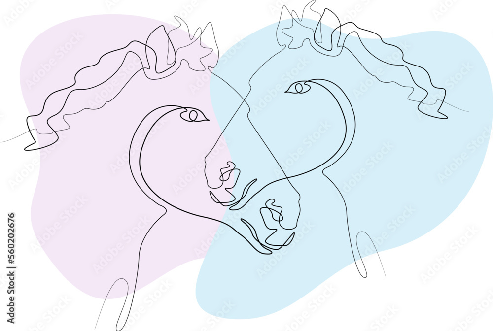 Two horse muzzles, a linear drawing on a background of light colored spots. Abstract illustration Two horse muzzles, a linear drawing on a background of light colored spots. Abstract illustration