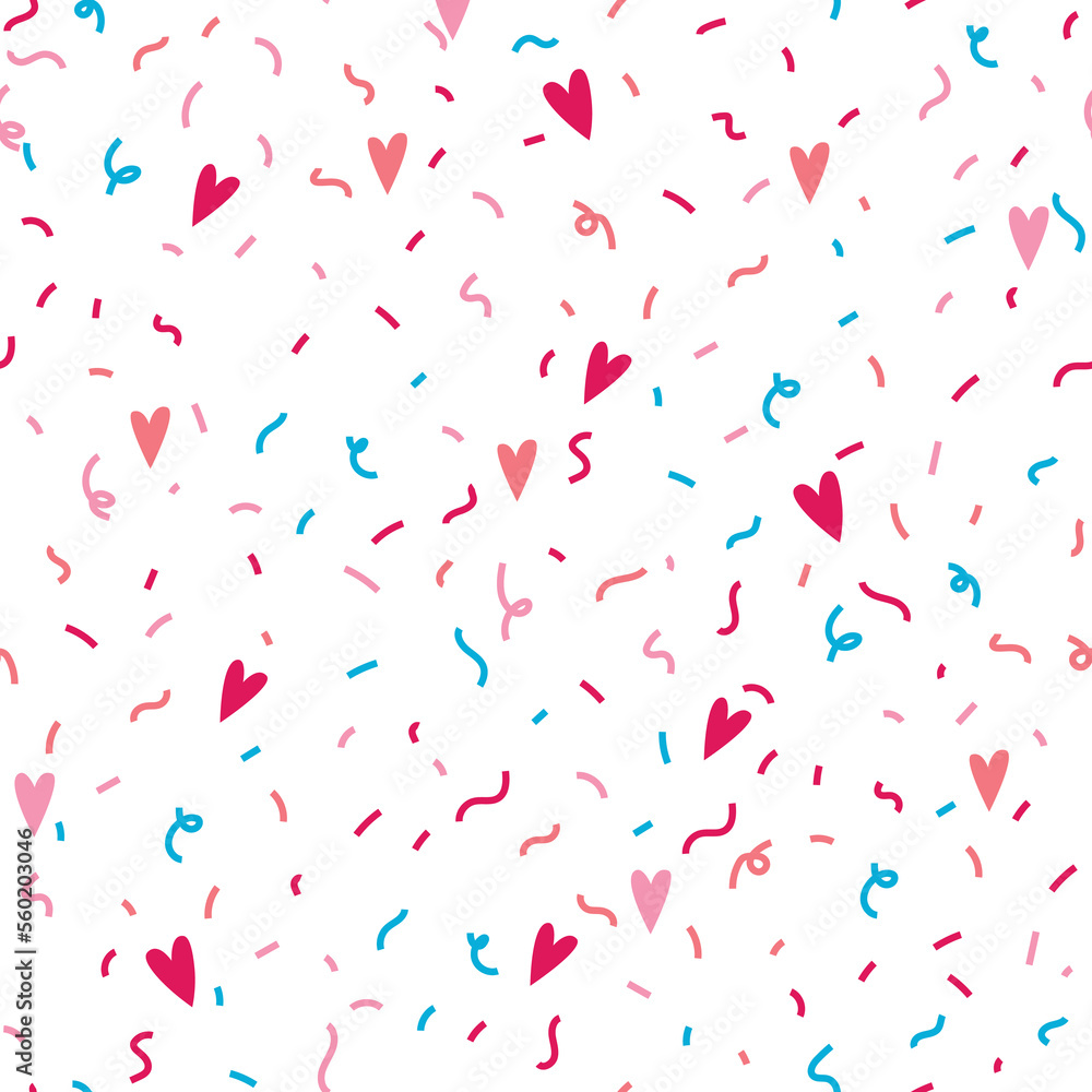 Seamless pattern with a bright multicolored confetti with a hearts on a white background. Vector illustration Seamless pattern with a bright multicolored confetti with a hearts on a white background. Vector illustration