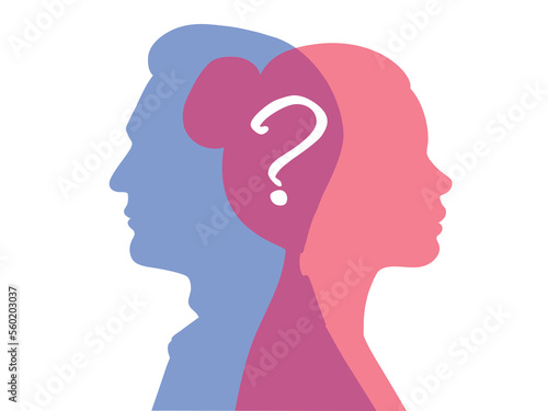 Male and female silhouettes and question mark. Vector illustration isolated on a white background