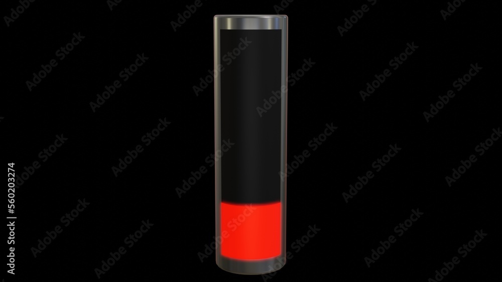 Power level rises in charging battery. Power level indicator rises in battery as it is charged. 3d render illustration