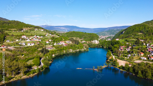 Plivsko jezero, Jajce, Bosnia and Herzegovina. Aerial drone view of lake, villages and forest in early spring. 