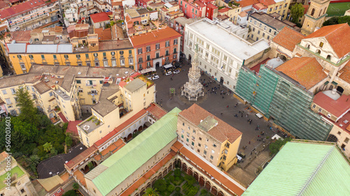 Aerial view of the square of Gesù Nuovo in Naples, Italy. At center of the square is the Spire of the Immaculate Virgin. The monument overlooks Via Spaccanapoli.