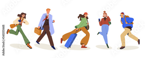 Flat crowd of people fast running, moving quickly. Business man, woman rush to work. Student hurry to study, girl with suitcase run to the airport. Workers late at meeting, office or on urgent matters