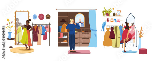 Flat man in wardrobe, people in walk in closet trying on clothes. Women shopping in boutique store. Girls choose outfit in cloakroom in front of mirror and hangers with dresses, coats and accessories.