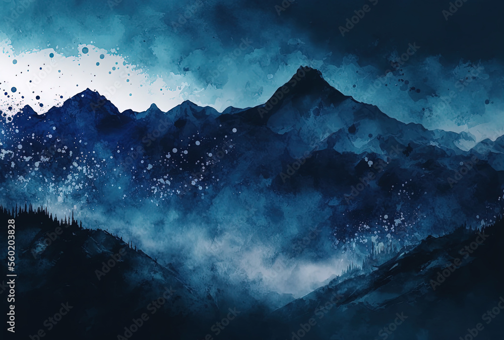 Watercolor dark blue background texture. Abstract mountainscape. Ai generated