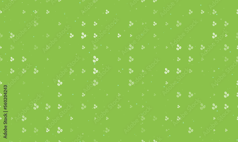 Seamless background pattern of evenly spaced white coffee beans symbols of different sizes and opacity. Vector illustration on light green background with stars Seamless background pattern of evenly spaced white coffee beans symbols of different sizes and opacity. Vector illustration on light green background with stars