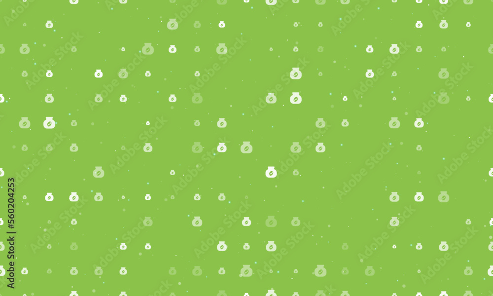 Seamless background pattern of evenly spaced white instant coffee symbols of different sizes and opacity. Vector illustration on light green background with stars