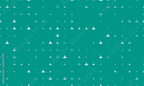 Seamless background pattern of evenly spaced white witch hat symbols of different sizes and opacity. Vector illustration on teal background with stars