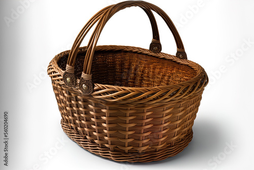 Wicker basket with handle, white background. Generative AI