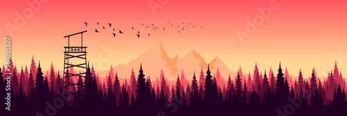 sunset in the mountain view landscape vector illustration good for wallpaper, background, backdrop, banner, print, and design template