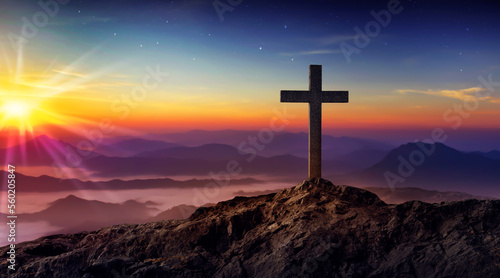 Print op canvas Silhouetted christian cross silhouette on the mountain at sunset