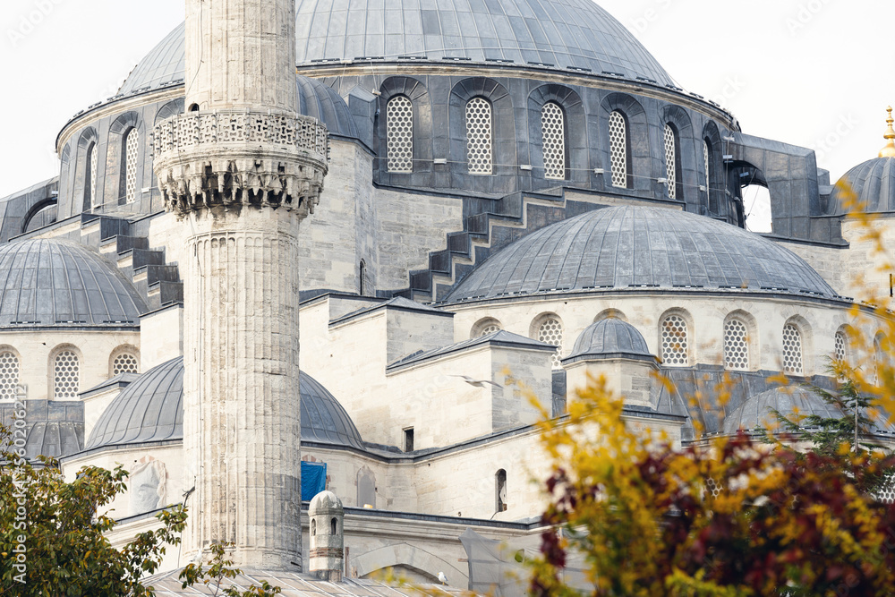Stunning view of the Sultan Ahmed Mosque or Blue Mosque during a beautiful sunny day. The Blue Mosque is an Ottoman-era historical imperial mosque located in Istanbul, Turkey.