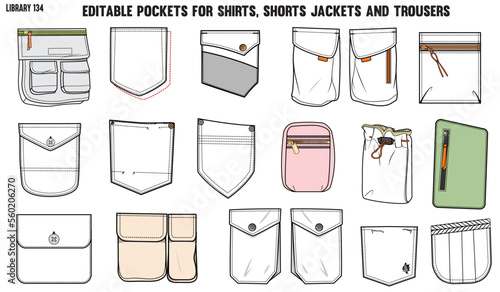 SET OF DIFFERENT TYPES OF POCKET FOR APPAREL AND CLOTHINGS; FOR SHIRTS DENIM JEANS JACKET CARGO PANTS CHINOS, JACKETS AND BLAZERS IN EDITABLE VECTOR
