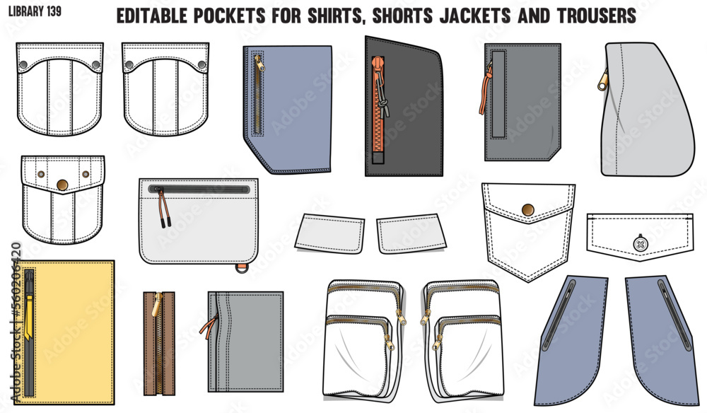 SET OF DIFFERENT TYPES OF POCKET FOR APPAREL AND CLOTHINGS; FOR SHIRTS ...