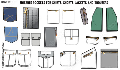 SET OF DIFFERENT TYPES OF POCKET FOR APPAREL AND CLOTHINGS; FOR SHIRTS DENIM JEANS JACKET CARGO PANTS CHINOS, JACKETS AND BLAZERS IN EDITABLE VECTOR