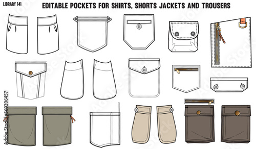 SET OF DIFFERENT TYPES OF POCKET FOR APPAREL AND CLOTHINGS  FOR SHIRTS DENIM JEANS JACKET CARGO PANTS CHINOS  JACKETS AND BLAZERS IN EDITABLE VECTOR